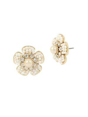 Miriam Haskell Vintage Pearl White Beaded Crystal And Faux Pearl Flower Earrings