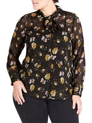 City Chic Plus Nouveau Floral Tie-neck Blouse