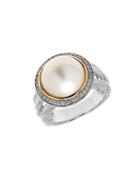 Lord & Taylor 11mm White Freshwater Pearl, Sterling Silver And 14k Yellow Gold Ring