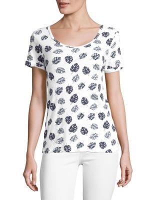 Lord & Taylor Plus Leaf-print Cotton Slub V-neck Roll Sleeve Tee
