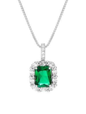 Lord & Taylor Sterling Silver Cubic Zirconia Emerald Cut Halo Pendant Necklace