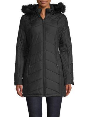 Weatherproof Chevron-quilt Faux-fur Puffer Coat