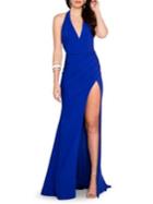 Glamour By Terani Couture Halter Plunge Leg Slit Evening Gown