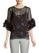 Vince Camuto Ruffle-sleeve Floral Mesh Top