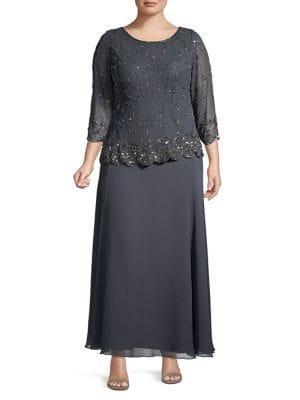 J Kara Plus Embellished Asymmetrical Gown