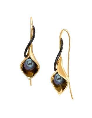 Lord & Taylor Black Oval Freshwater Pearl, Diamond And 14k Yellow Gold Earrings