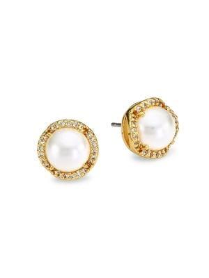 Kate Spade New York 12k Goldplated, Faux Pearl & Pave Halo Large Stud Earrings