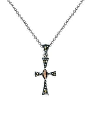 Designs Sterling Silver, Garnet & Marcasite Cross Pendant Necklace