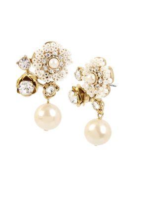 Miriam Haskell Vintage Pearl Floral Crystal And Faux Pearl Drop Earrings