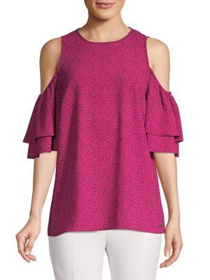 Michael Michael Kors Cold Shoulder Ruffle Sleeve Printed Blouse