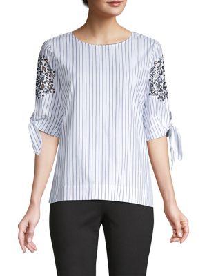 Donna Karan Eyelet Detail Striped Top