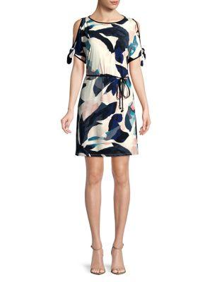 Ivanka Trump Printed Tie-waist Cold-shoulder Dress