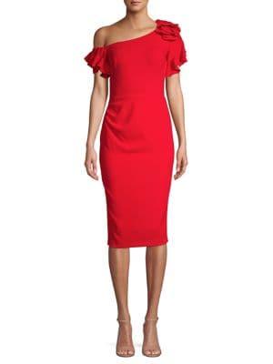 Nicole Bakti Off-the-shoulder Ruffled Sheath Dress