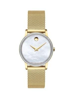 Movado Yellow Goldplated, Pave Diamond Stainless Steel & Mother-of-pearl Mesh Strap Watch