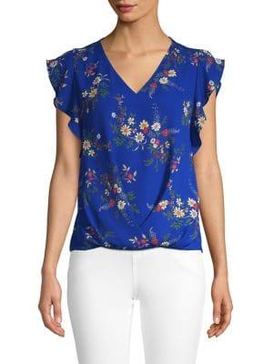 Vince Camuto Petite Flutter-sleeve Floral Top