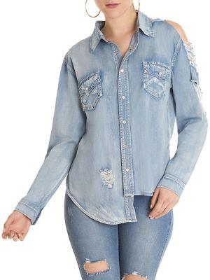 La La Anthony Oversized Cold-shoulder Denim Button-down Shirt