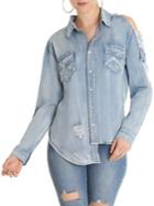 La La Anthony Oversized Cold-shoulder Denim Button-down Shirt