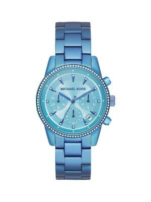 Michael Kors Crystal-studded Blue-tone Stainless Steel Bracelet Watch