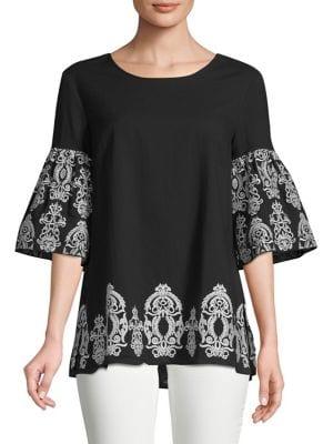 Jones New York Printed Bell-sleeve Cotton Top