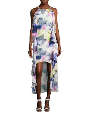 Belle By Badgley Mischka Belle Printed And Ruffled Asymmetric Dress
