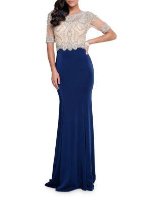 Glamour By Terani Couture Embellished Lace Floor-length Gown