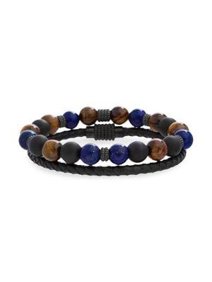 Lord & Taylor Set Of 2 Tiger's Eye & Leather Beaded Bracelets