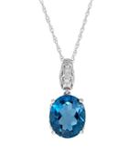 Lord & Taylor Blue Topaz And 0.042 Tcw Diamond Silver Oval Pendant Necklace
