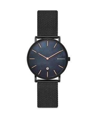 Skagen Hagen Mother-of-pearl Black, Stainless Steel And Mesh Bracelet Watch