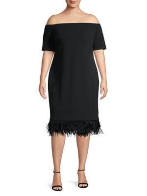 Vince Camuto Plus Ostrich Feather Trim Off-the-shoulder Sheath Dress