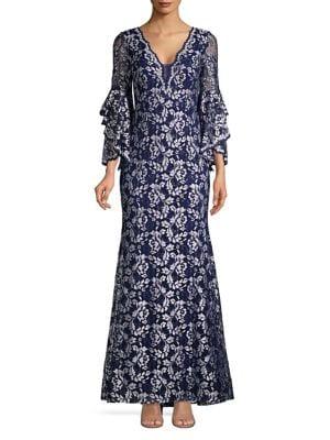Betsy & Adam Embroidered Lace Three-quarter Sleeve Dress