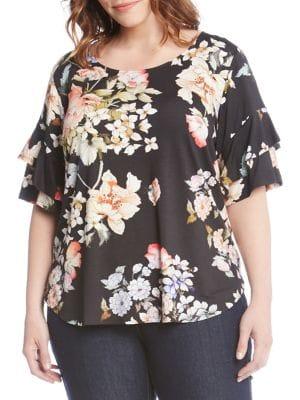 Karen Kane Plus Floral Ruffle-sleeve Top