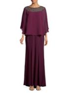 Xscape Long-sleeve Embellished Overlay Gown