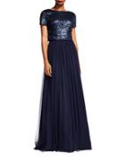 Adrianna Papell Short Sleeved Crop Top And Skirt Gown Set