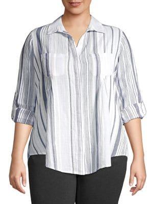 Lord And Taylor Separates Plus Striped Button-front Blouse