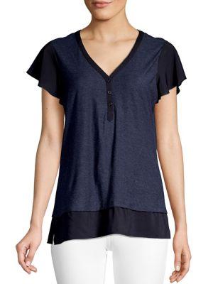 Vince Camuto Petite Flutter-sleeve Cotton Blend Top