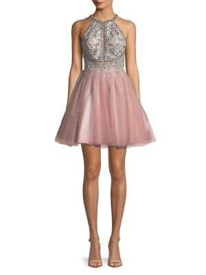 Glamour By Terani Couture Embellished Halter Fit-&-flare Dress