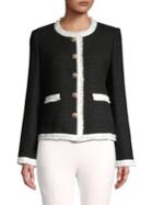 Karl Lagerfeld Paris Button Up Fringe Tweed Jacket