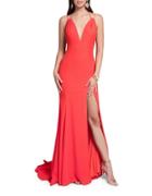 Glamour By Terani Couture Front Slit Crepe Gown
