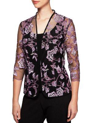 Alex Evenings Floral Embroidered Mesh Jacket With Cami