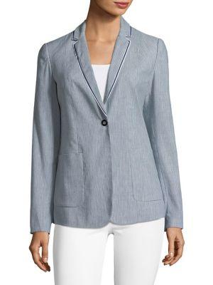 T Tahari Striped Linen-blend Blazer With Trim