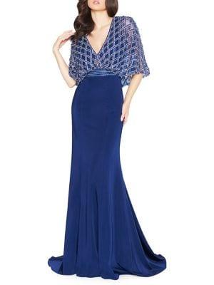 Mac Duggal Embroidered Cape-bodice Gown