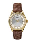 Timex Ladies Goldtone Round Watch With Embossed Brown Leather Strap