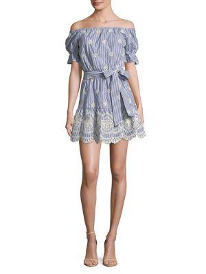 Wayf Embroidered Striped Off-the-shoulder Dress