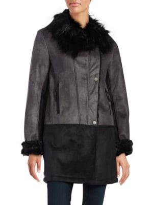 T Tahari Faux-fur Trimmed Asymmetrical Jacket