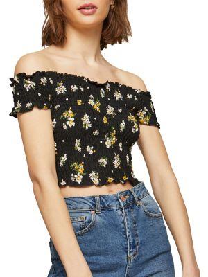Miss Selfridge Off-the-shoulder Shirred Floral Bardot Top