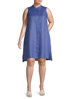 Anne Klein Plus Mandarin Collar Linen Trapeze Dress
