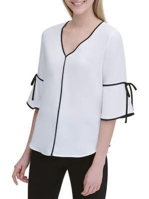 Calvin Klein Piped V-neck Tie-sleeve Blouse