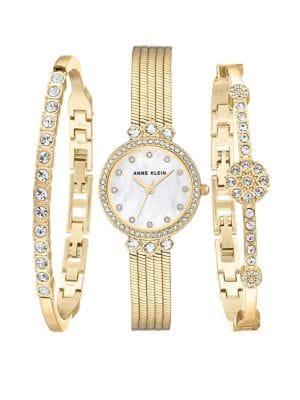Anne Klein Goldtone And Swarovski Crystal Bracelet And Watch Three-piece Set