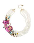 Betsey Johnson Granny Chic Faux Pearl And Crystal Colorful Cat Torsade Necklace