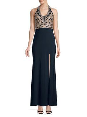 Blondie Nites Embroidered Leg Slit Evening Gown